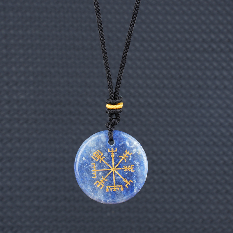 Viking Style Crystal Pendant Necklace Natural Agate Symbol with Round Shape