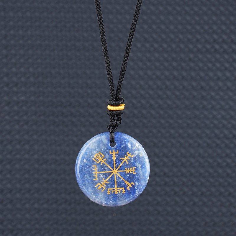 Viking Crystal Pendant Necklace with Agate Symbol Unique Round Design