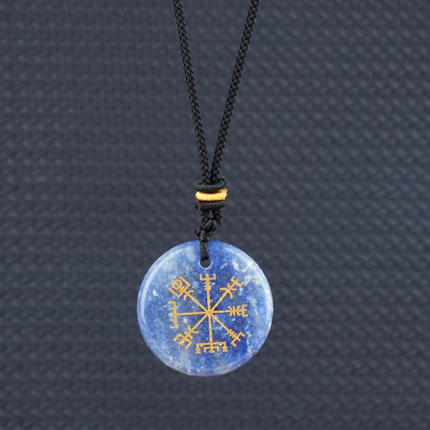 Viking Style Crystal Pendant Necklace Natural Agate Symbol with Round Shape