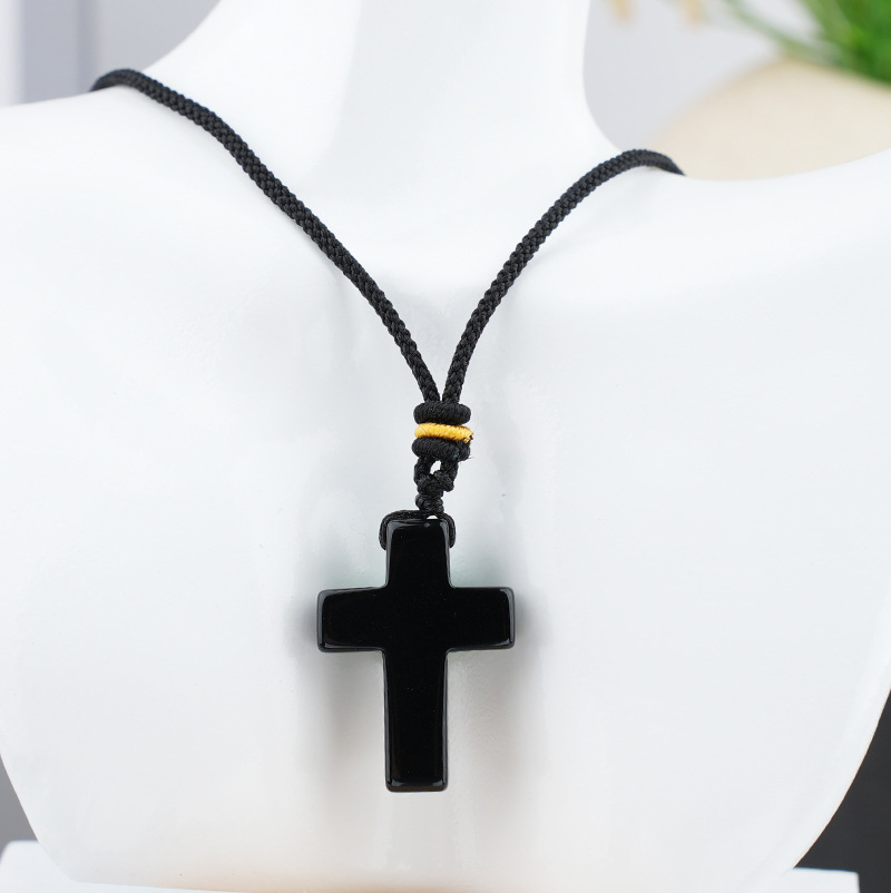 Natural Stone Cross Pendant Necklace, Horizontal Hole Cross Charm Jewelry, Adjustable Rope Necklace, Easter Gift Jewelry Accessory
