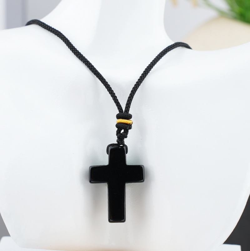 Natural Stone Cross Pendant Necklace, Horizontal Hole Cross Charm Jewelry, Adjustable Rope Necklace, Easter Gift Jewelry Accessory