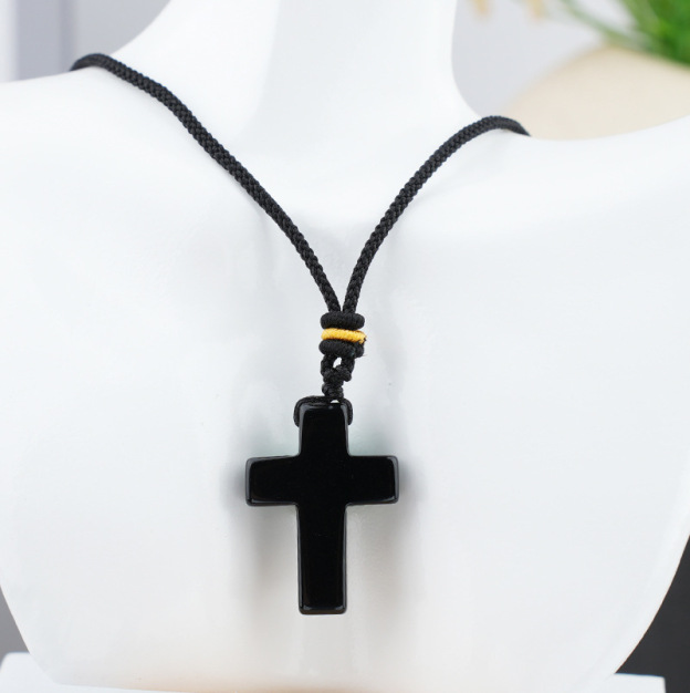 Natural Stone Cross Pendant Necklace, Horizontal Hole Cross Charm Jewelry, Adjustable Rope Necklace, Easter Gift Jewelry Accessory