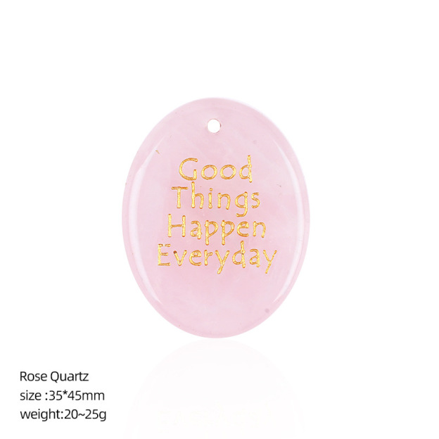 Natural Stone Oval Pendant with Inspirational Engraving Good Things Happen Everyday, Handheld Worry Stone Charm for Necklace DIY Craft