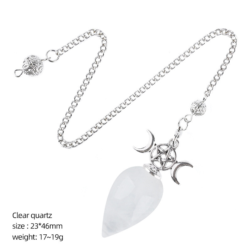 Natural Crystal Dowsing Pendulum Necklace, Triple Moon Teardrop Pendant with Chain, Water Drop Stone Pendulum for Meditation Yoga
