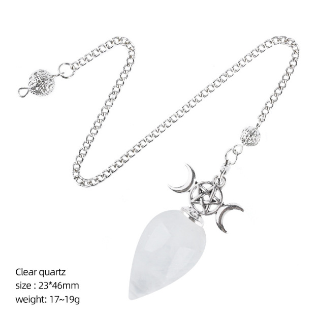 Natural Crystal Dowsing Pendulum Necklace, Triple Moon Teardrop Pendant with Chain, Water Drop Stone Pendulum for Meditation Yoga