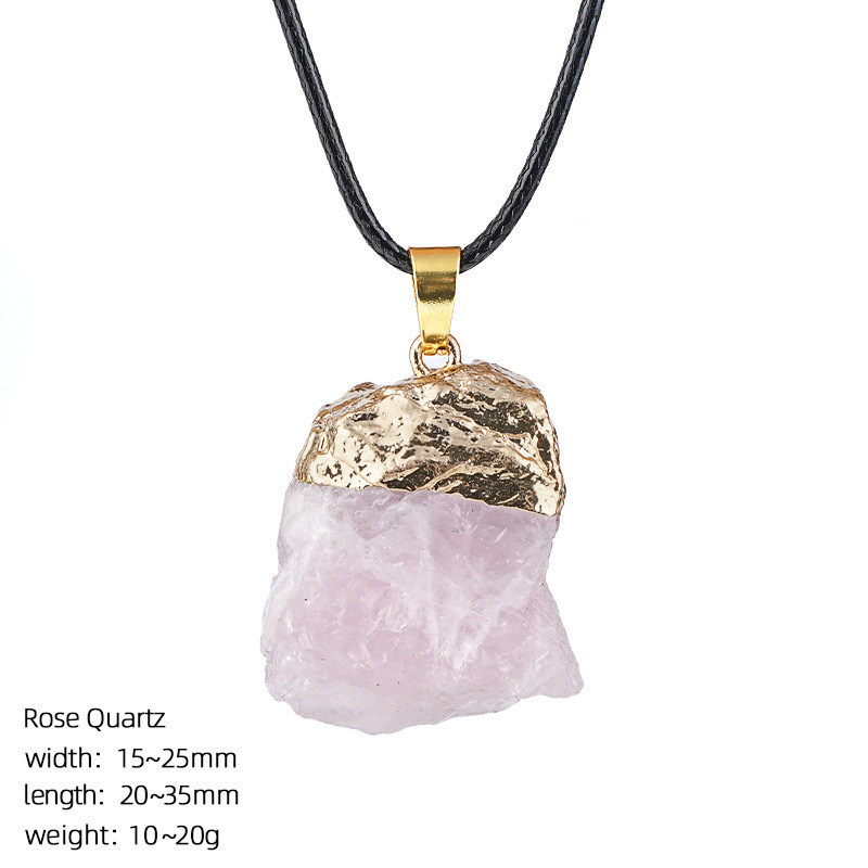 Natural Raw Stone Pendant Necklace Irregular Rough Stone Charm with Gold Tone Cap Adjustable Rope Necklace