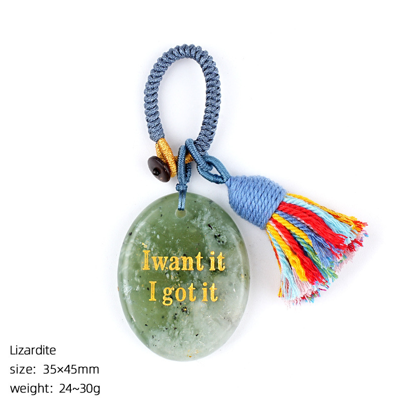 Natural Crystal Engraved Palm Stone Keychain, Oval Agate Worry Stone Bag Charm with Tassel for Car Hanging Decor, Mindful Gift and Everyday Accessory