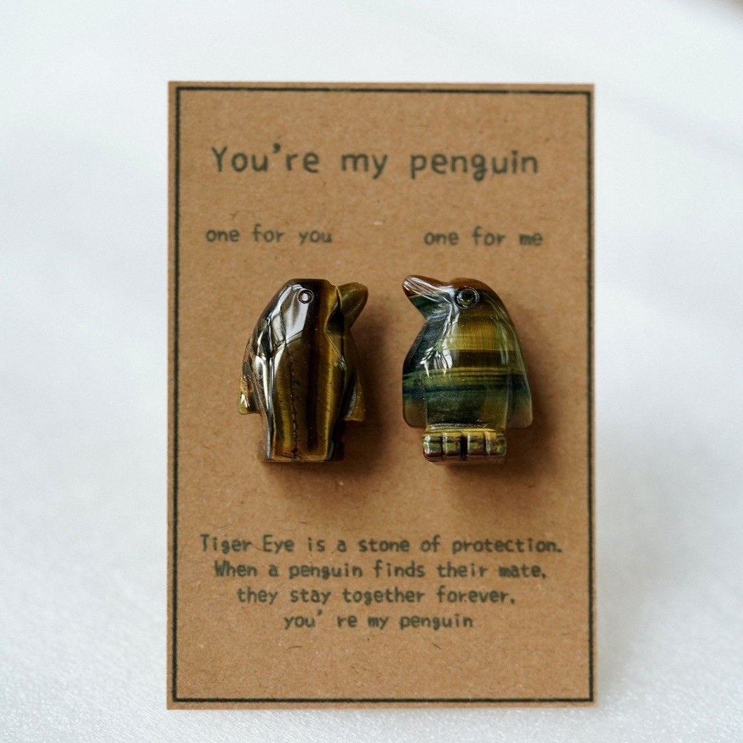 Natural Rose Quartz Penguin Figurine Set, Hand Carved Stone Couple Penguins with Gift Box and Message Card