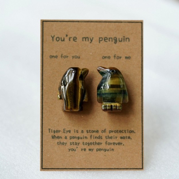 Natural Rose Quartz Penguin Figurine Set, Hand Carved Stone Couple Penguins with Gift Box and Message Card