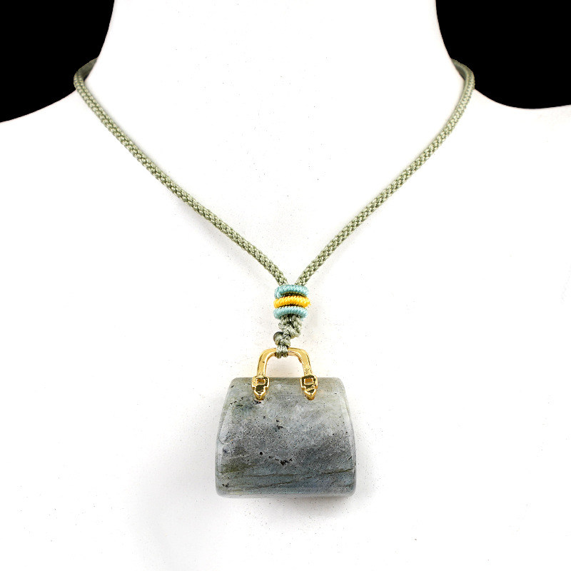 Natural Crystal Handbag Shape Pendant, Agate Stone Mini Bag Ornament Woven Rope Sweater Chain Accessory, Multi Material Decorative Pendant