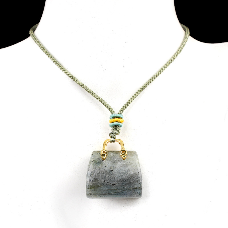 Natural Crystal Handbag Shape Pendant, Agate Stone Mini Bag Ornament Woven Rope Sweater Chain Accessory, Multi Material Decorative Pendant