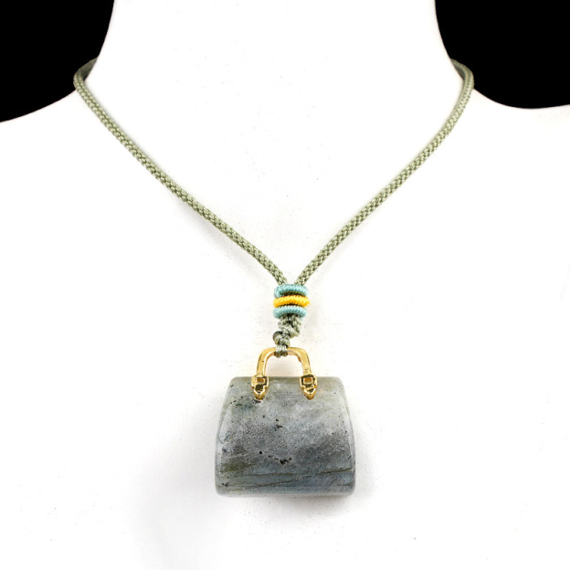 Natural Crystal Handbag Shape Pendant, Agate Stone Mini Bag Ornament Woven Rope Sweater Chain Accessory, Multi Material Decorative Pendant