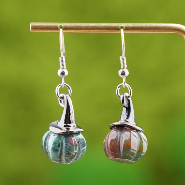 Natural Crystal Pumpkin Earrings, Agate Stone Witch Hat Drop Earrings, Vintage Halloween Style Gemstone Dangle Ear Jewelry