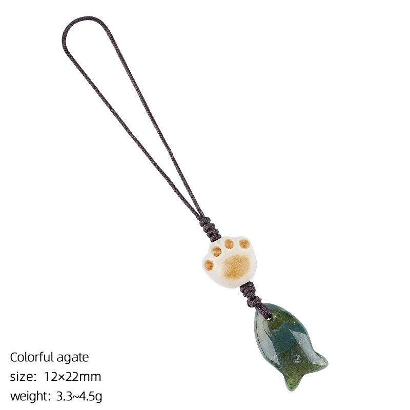 Natural Crystal Fish Charm with Paw Bead, Mini Gemstone Keychain & Phone Strap, Hand-Carved Stone Bag Charm Gift