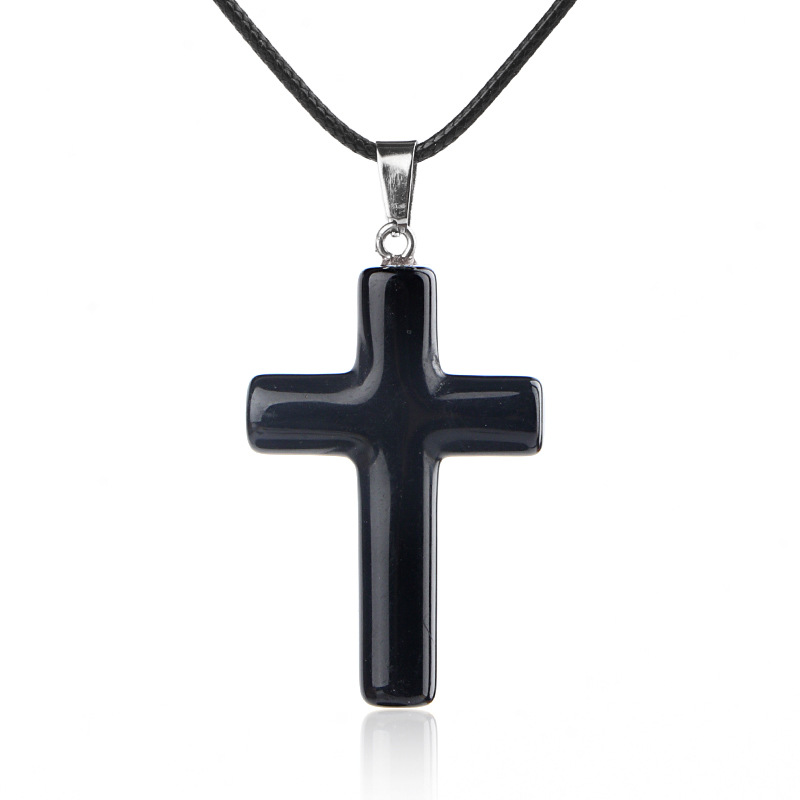 Natural Crystal Cross Pendant Necklace Spiritual Healing Pendant with Adjustable Cord for Meditation
