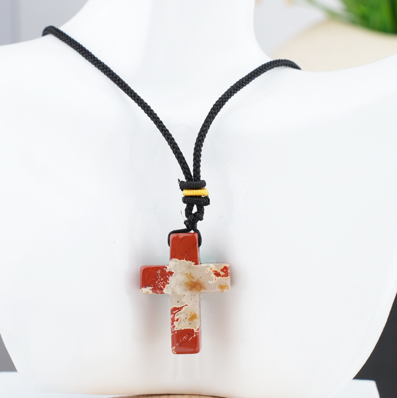Natural Stone Cross Pendant Necklace, Horizontal Hole Cross Charm Jewelry, Adjustable Rope Necklace, Easter Gift Jewelry Accessory