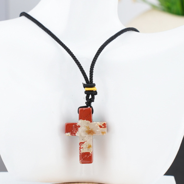 Natural Stone Cross Pendant Necklace, Horizontal Hole Cross Charm Jewelry, Adjustable Rope Necklace, Easter Gift Jewelry Accessory