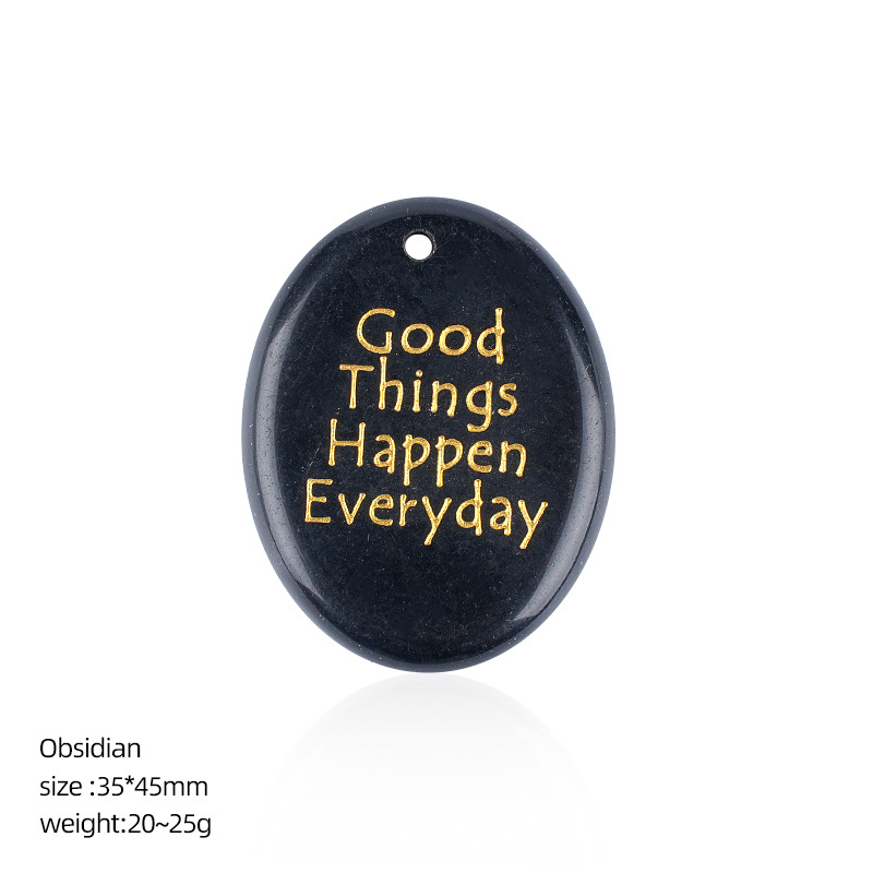 Natural Stone Oval Pendant with Inspirational Engraving Good Things Happen Everyday, Handheld Worry Stone Charm for Necklace DIY Craft