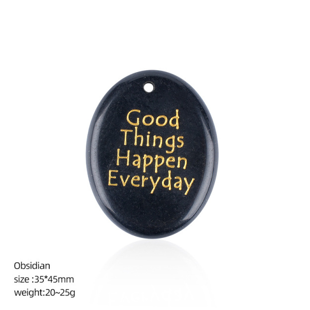 Natural Stone Oval Pendant with Inspirational Engraving Good Things Happen Everyday, Handheld Worry Stone Charm for Necklace DIY Craft