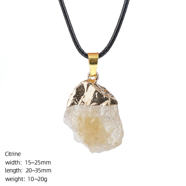 Natural Raw Stone Pendant Necklace Irregular Rough Stone Charm with Gold Tone Cap Adjustable Rope Necklace