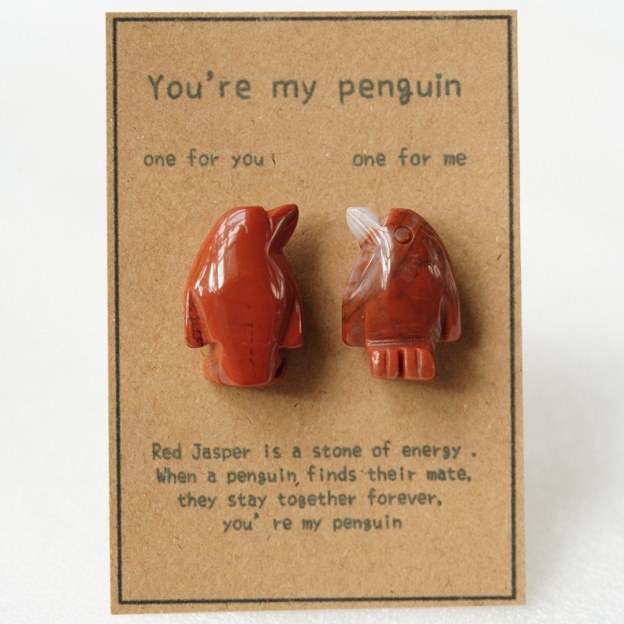 Natural Rose Quartz Penguin Figurine Set, Hand Carved Stone Couple Penguins with Gift Box and Message Card