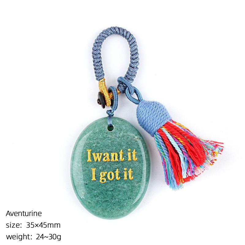 Natural Crystal Engraved Palm Stone Keychain, Oval Agate Worry Stone Bag Charm with Tassel for Car Hanging Decor, Mindful Gift and Everyday Accessory