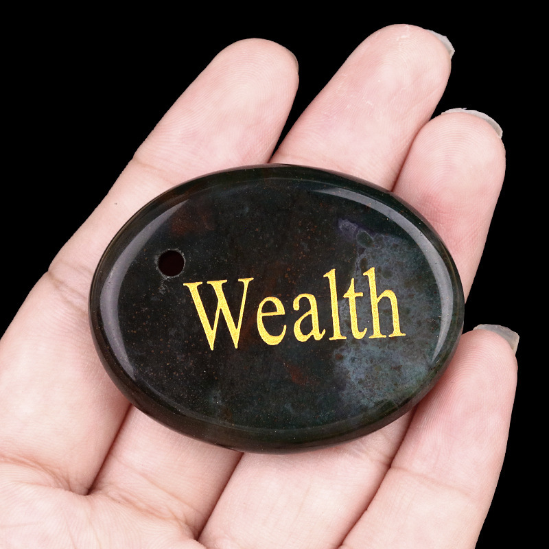 Natural Crystal Engraved Affirmation Stone Pendant, Oval Word Carved Agate Charm with Hole for Keychain Necklace Bag Charm and Gift Accessory