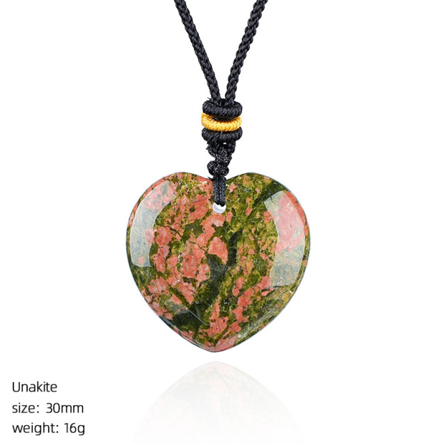 Natural Stone Heart Necklace Pendant, 30mm Crystal Heart Charm with Cord, DIY Jewelry Making or Gift Accessory