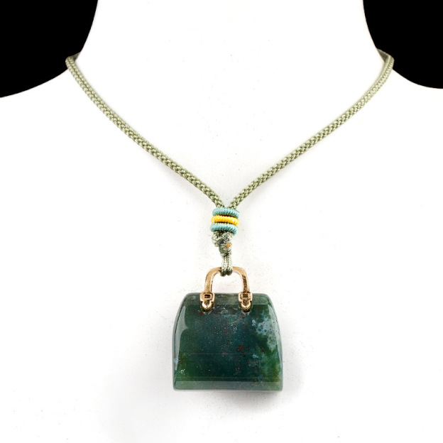 Natural Crystal Handbag Shape Pendant, Agate Stone Mini Bag Ornament Woven Rope Sweater Chain Accessory, Multi Material Decorative Pendant