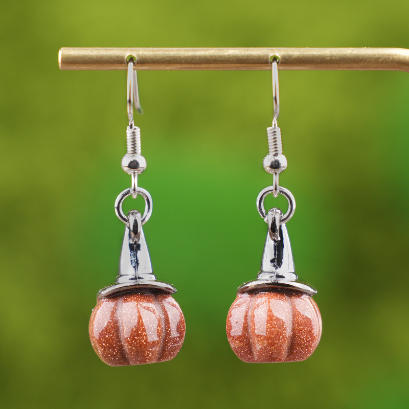 Natural Crystal Pumpkin Earrings, Agate Stone Witch Hat Drop Earrings, Vintage Halloween Style Gemstone Dangle Ear Jewelry