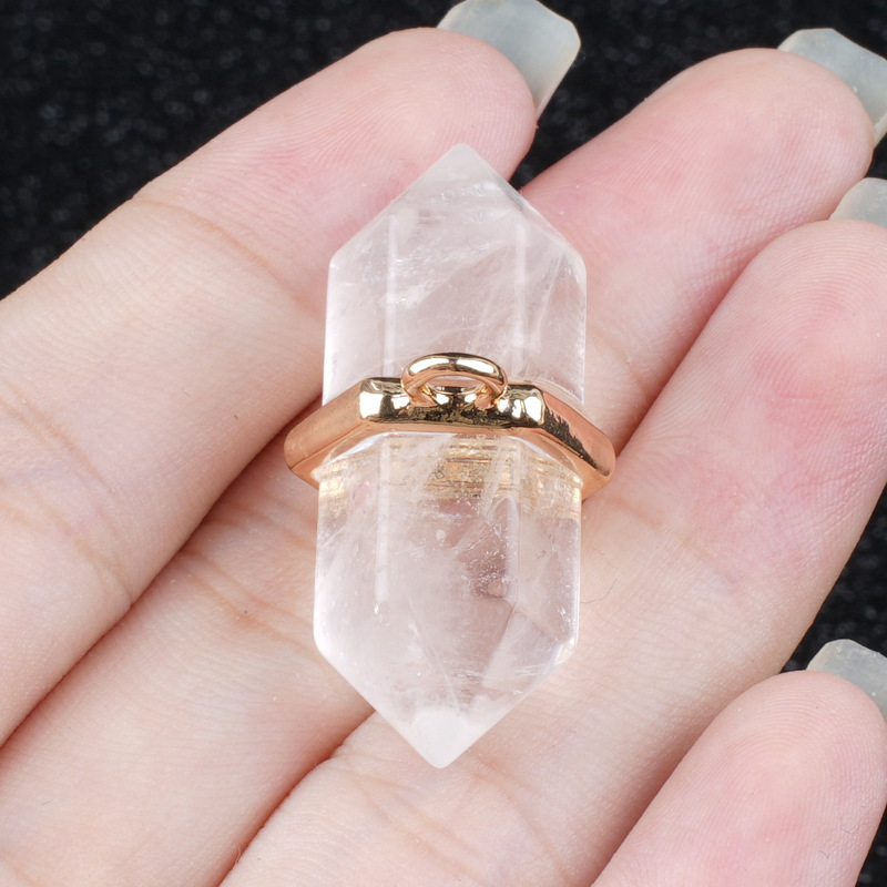 Natural Crystal Double Point Pendant Hexagonal Column Stone Charm 13×36mm DIY Necklace Jewelry Accessory