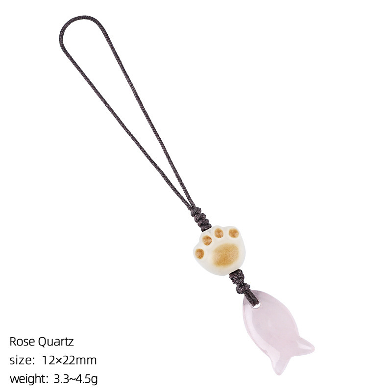 Natural Crystal Fish Charm with Paw Bead, Mini Gemstone Keychain & Phone Strap, Hand-Carved Stone Bag Charm Gift