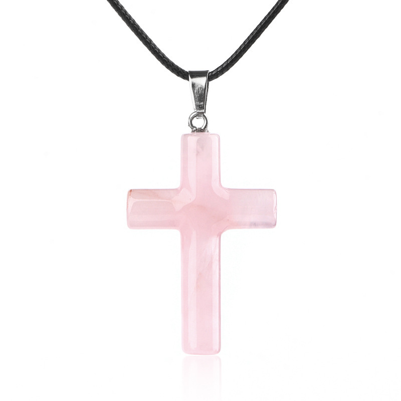 Natural Crystal Cross Pendant Necklace Spiritual Healing Pendant with Adjustable Cord for Meditation