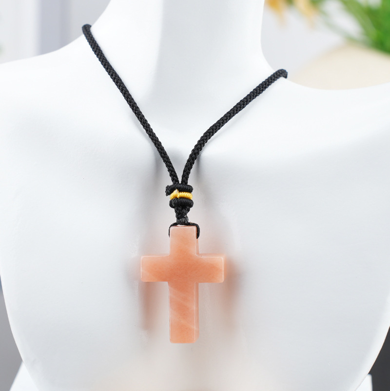 Natural Stone Cross Pendant Necklace, Horizontal Hole Cross Charm Jewelry, Adjustable Rope Necklace, Easter Gift Jewelry Accessory