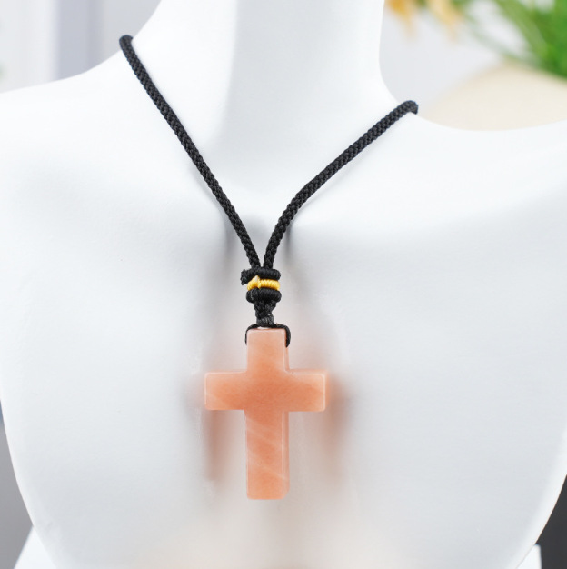 Natural Stone Cross Pendant Necklace, Horizontal Hole Cross Charm Jewelry, Adjustable Rope Necklace, Easter Gift Jewelry Accessory