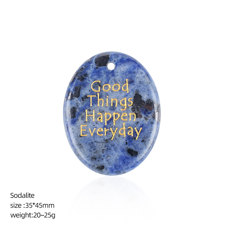 Natural Stone Oval Pendant with Inspirational Engraving Good Things Happen Everyday, Handheld Worry Stone Charm for Necklace DIY Craft