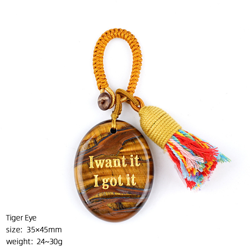 Natural Crystal Engraved Palm Stone Keychain, Oval Agate Worry Stone Bag Charm with Tassel for Car Hanging Decor, Mindful Gift and Everyday Accessory