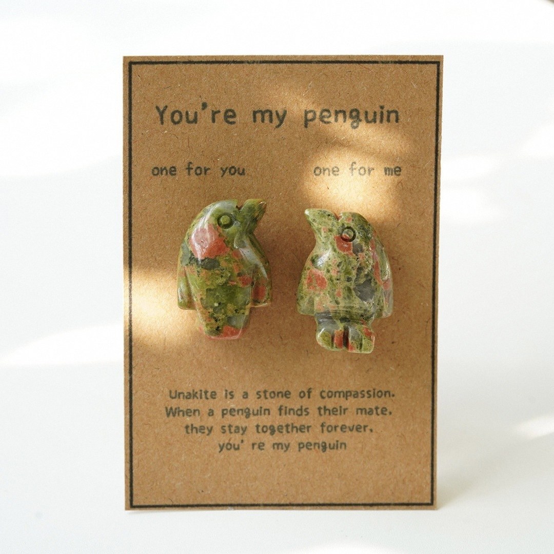 Natural Rose Quartz Penguin Figurine Set, Hand Carved Stone Couple Penguins with Gift Box and Message Card