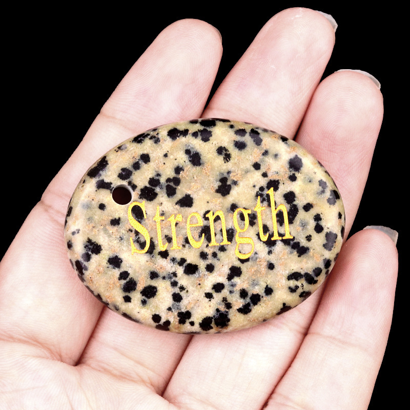 Natural Crystal Engraved Affirmation Stone Pendant, Oval Word Carved Agate Charm with Hole for Keychain Necklace Bag Charm and Gift Accessory