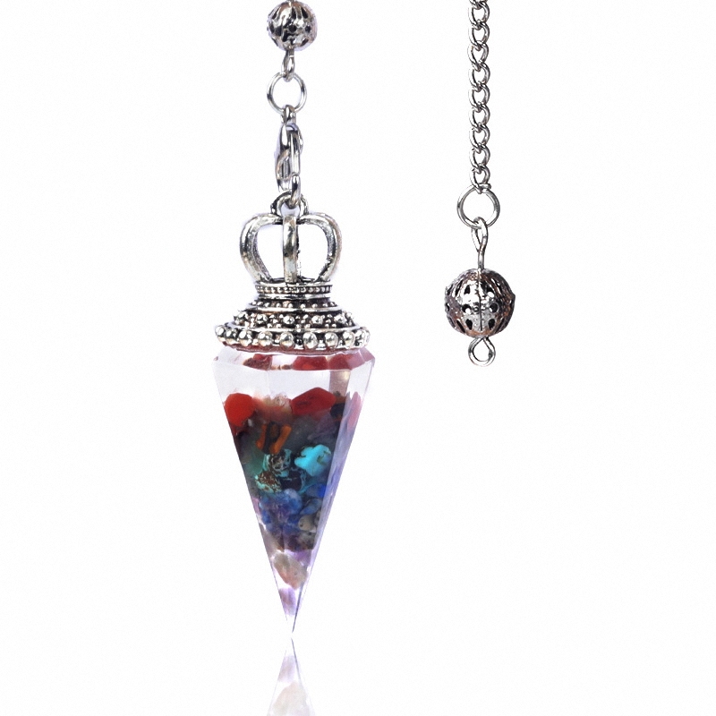 Natural Crystal Pendulum Necklace, Resin Hexagon Cone Dowsing Pendulum with Gemstone Chips, Spiritual Divination Gift, Handmade Jewelry