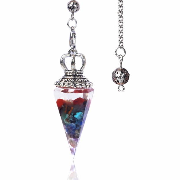 Natural Crystal Pendulum Necklace, Resin Hexagon Cone Dowsing Pendulum with Gemstone Chips, Spiritual Divination Gift, Handmade Jewelry