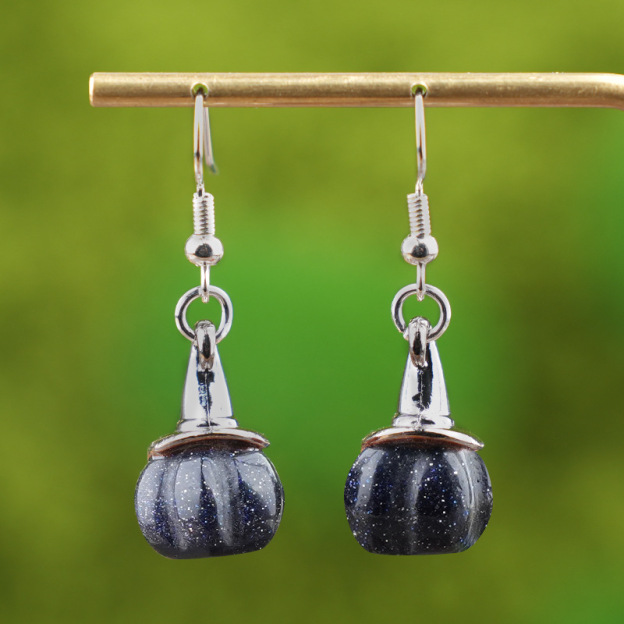 Natural Crystal Pumpkin Earrings, Agate Stone Witch Hat Drop Earrings, Vintage Halloween Style Gemstone Dangle Ear Jewelry