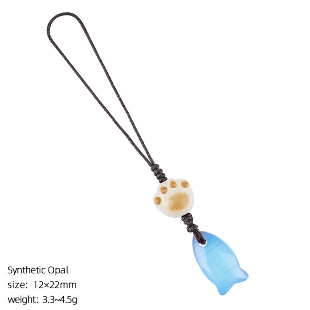 Natural Crystal Fish Charm with Paw Bead, Mini Gemstone Keychain & Phone Strap, Hand-Carved Stone Bag Charm Gift