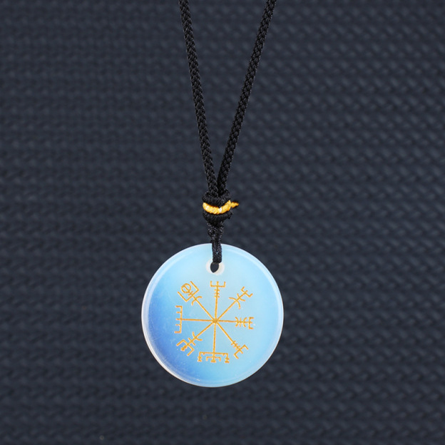 Viking Style Crystal Pendant Necklace Natural Agate Symbol with Round Shape