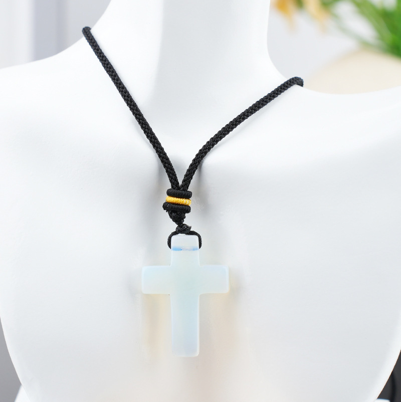 Natural Stone Cross Pendant Necklace, Horizontal Hole Cross Charm Jewelry, Adjustable Rope Necklace, Easter Gift Jewelry Accessory