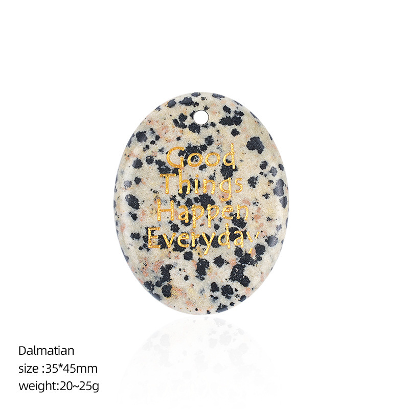 Natural Stone Oval Pendant with Inspirational Engraving Good Things Happen Everyday, Handheld Worry Stone Charm for Necklace DIY Craft