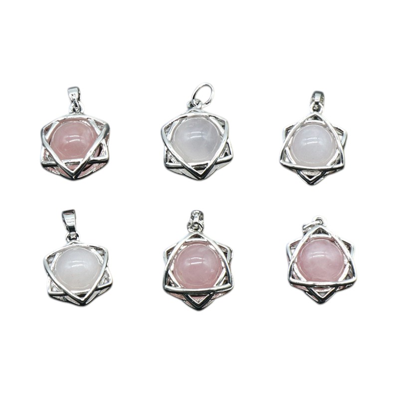 Natural Crystal Hexagram Pendant, Star Cage Gemstone Charm with Round Stone Bead for DIY Bracelet, Necklace Making and Handmade Jewelry Accessories