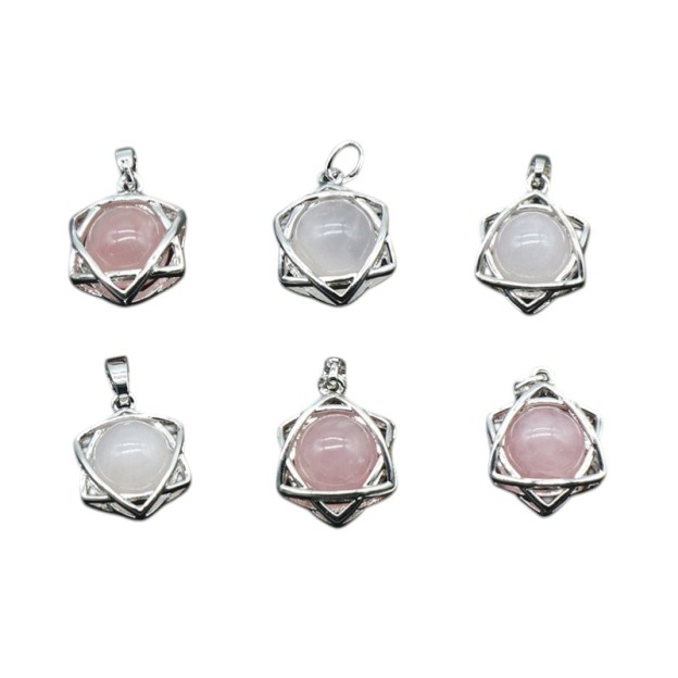 Natural Crystal Hexagram Pendant, Star Cage Gemstone Charm with Round Stone Bead for DIY Bracelet, Necklace Making and Handmade Jewelry Accessories