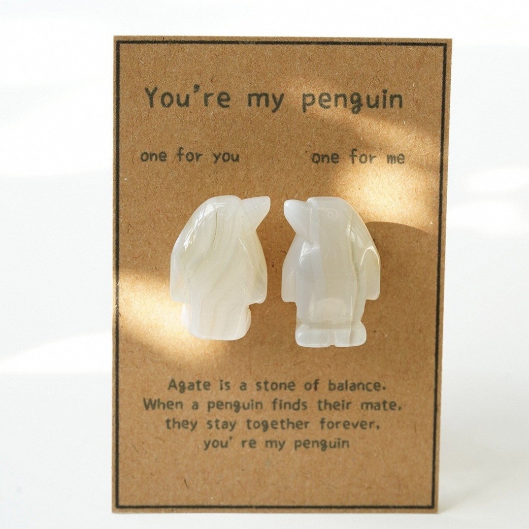 Natural Rose Quartz Penguin Figurine Set, Hand Carved Stone Couple Penguins with Gift Box and Message Card