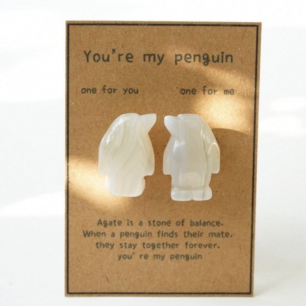 Natural Rose Quartz Penguin Figurine Set, Hand Carved Stone Couple Penguins with Gift Box and Message Card